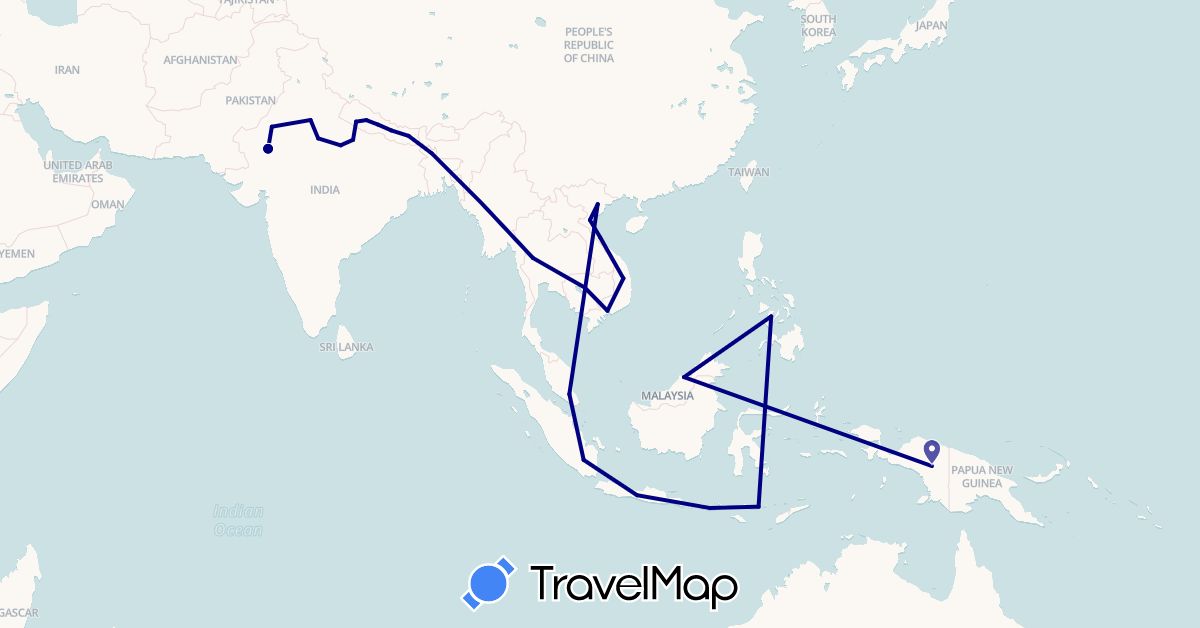 TravelMap itinerary: driving in Bangladesh, Brunei, Indonesia, India, Cambodia, Nepal, Thailand, Vietnam (Asia)
